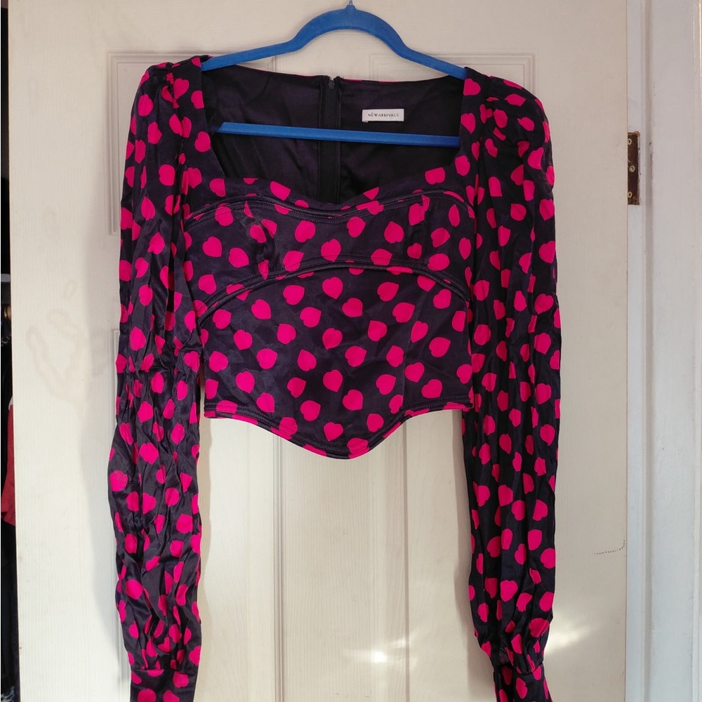 Lovers + Friends Black and Pink Polka Dot Blouse